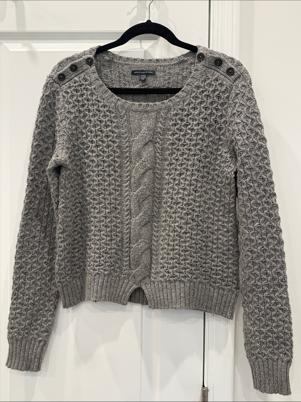 American Eagle Outfitters Gray Cable-Knit Button-Shoulder Sweater